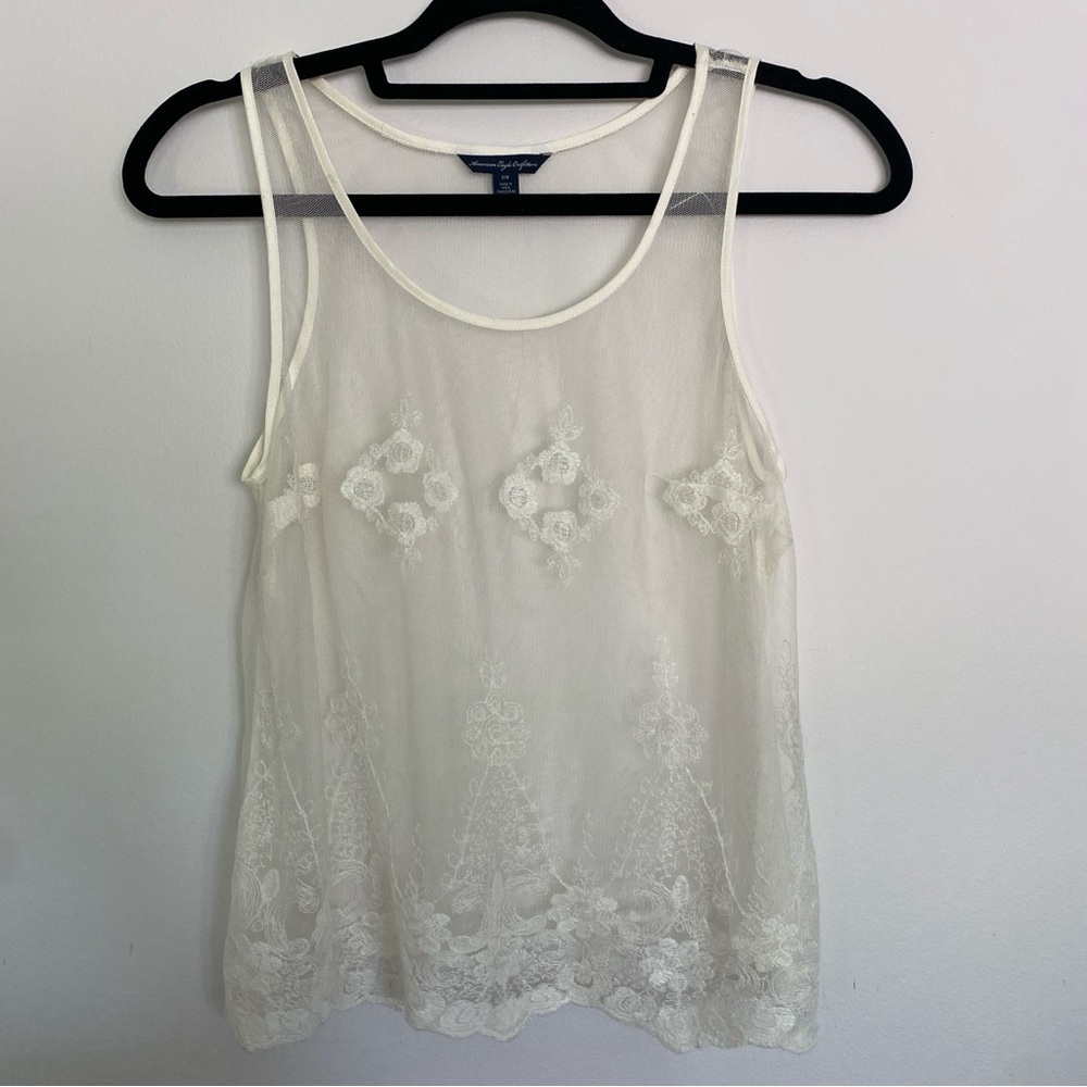 American Eagle Outfitters Sheer White Embroidered Tank Top
